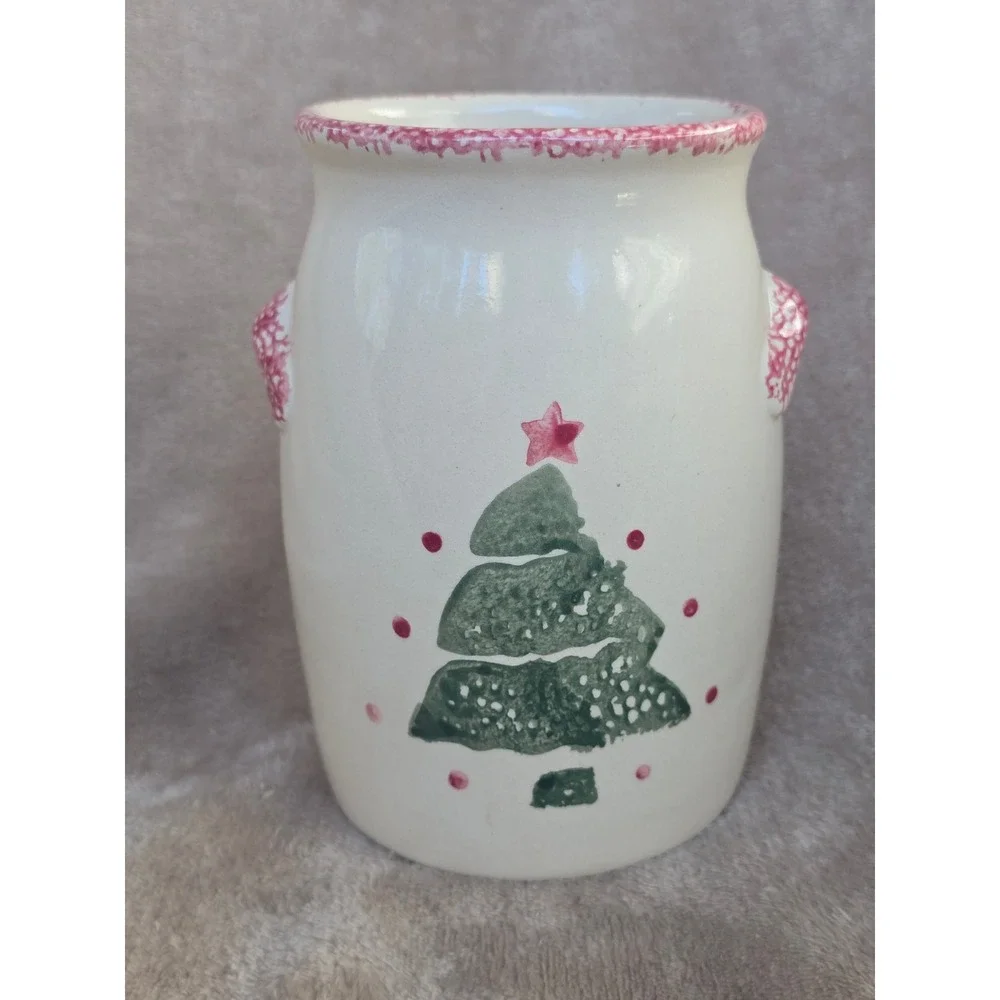 Vintage Christmas Tree Ceramic Crock Utensil Holder Holiday Decor